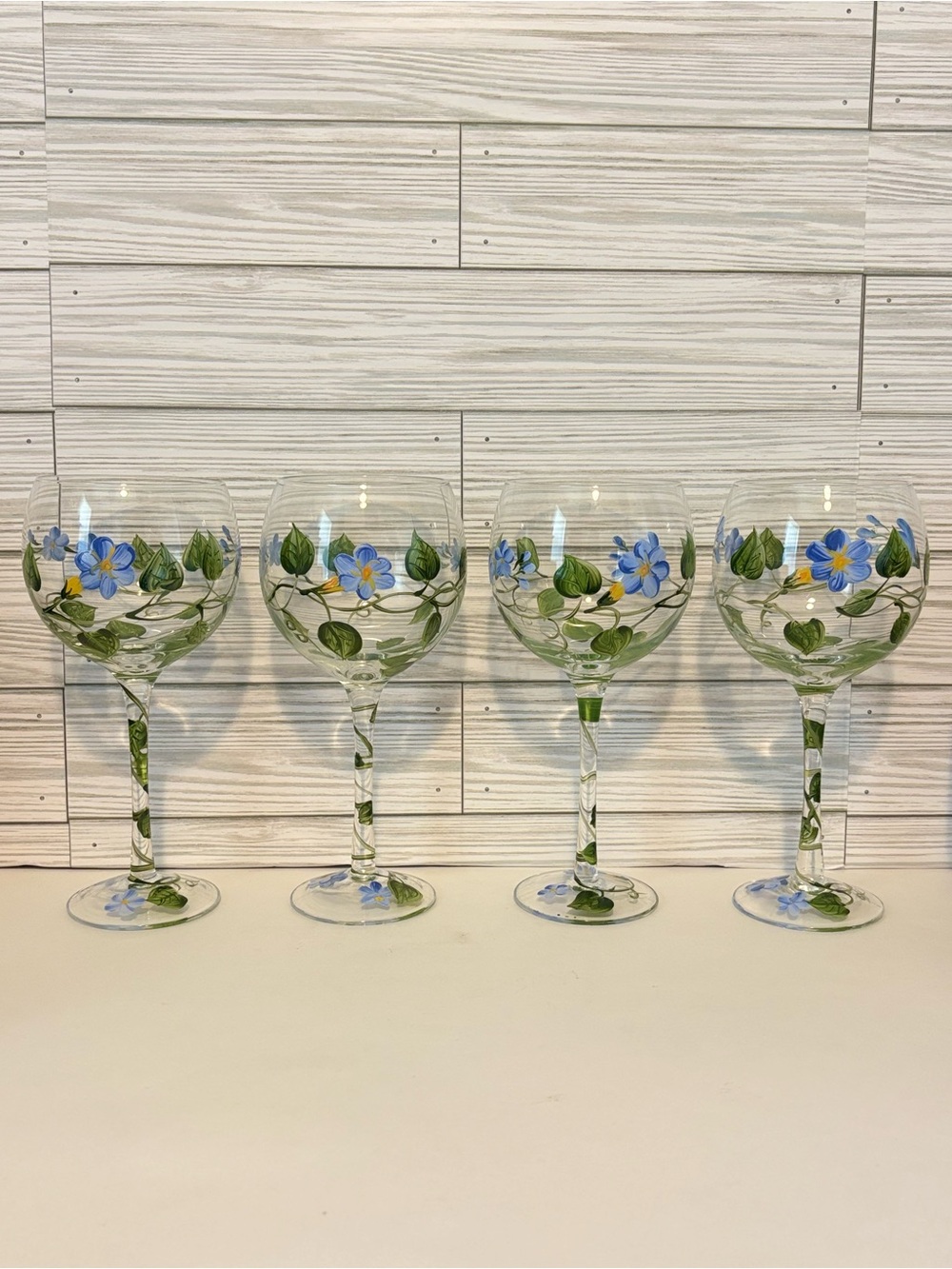 Hand Painted Blue Flowers Forget Me Not Balloon Wine Glasses Vines Stemware 4